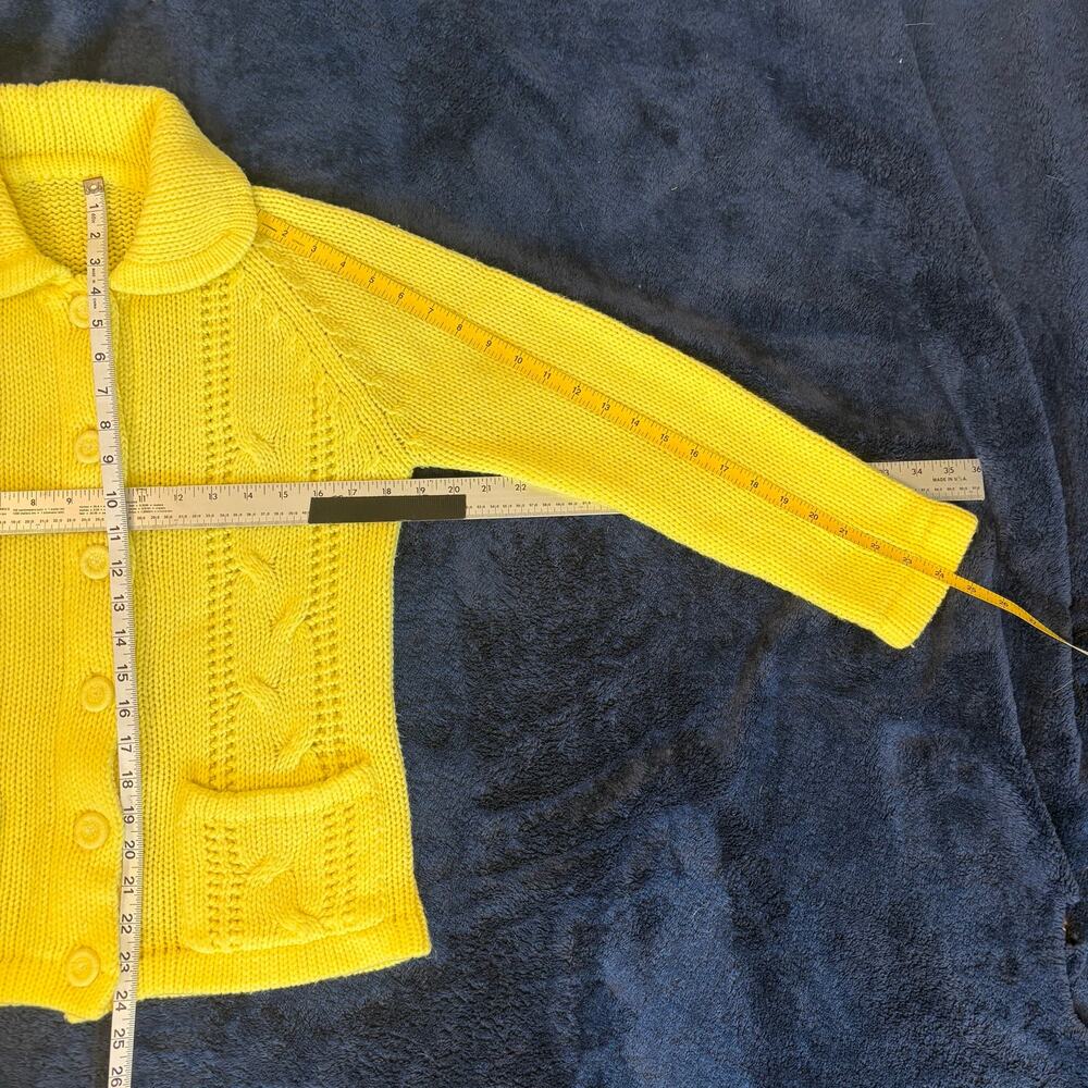 Vintage 70s Hand Knit Cardigan Sweater Lemon Yellow Cable Knit Collar Pockets M - Picture 11 of 12